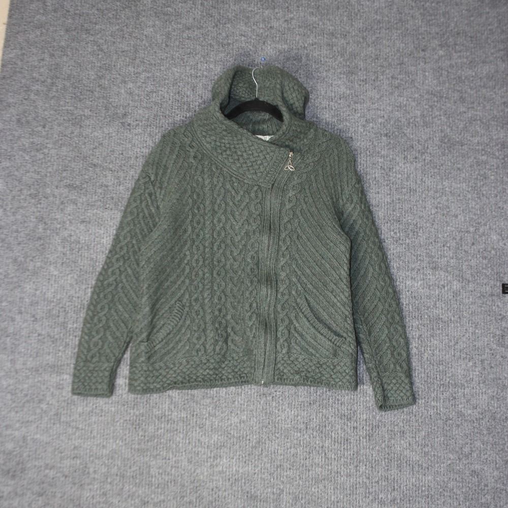 Vintage Aran Crafts Ireland Sweater Kids XXL Green Merino Wool Hooded Zip Jacket